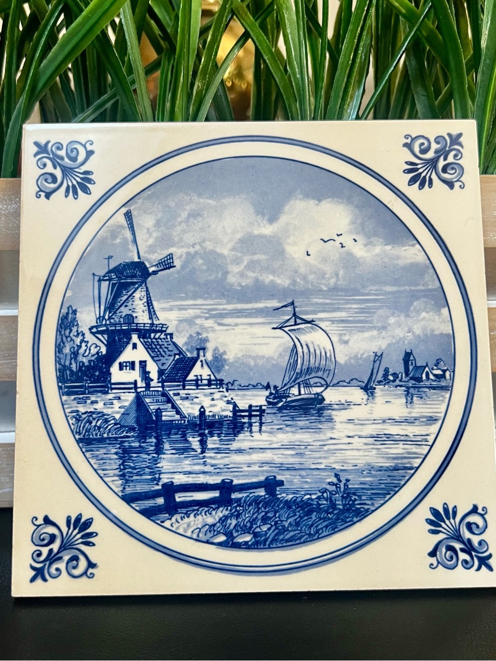 DELFT Vintage Blue Windmill Ceramic Tile Schoonhoven Holland